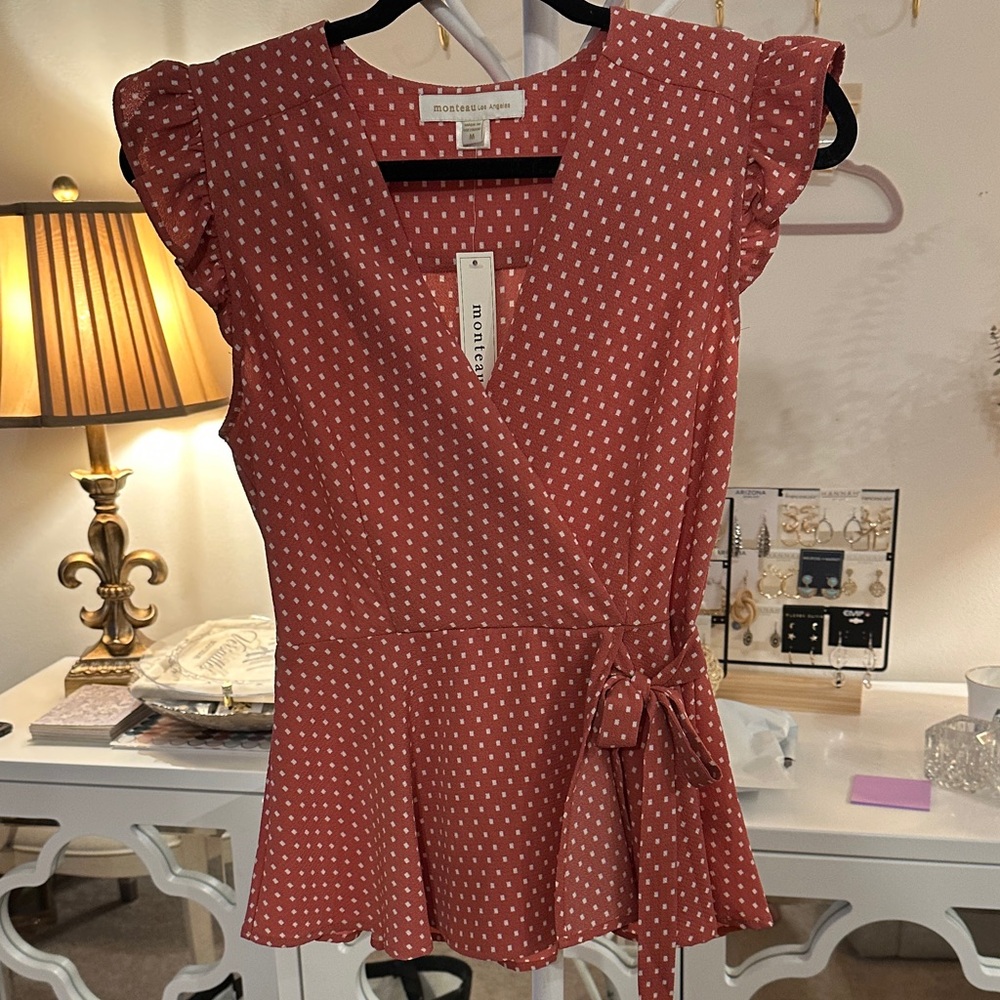 NWT! Monteau Women's Red Wrap Blouse with Polka Dots